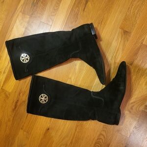Tory Burch Selma Black Suede Logo Riding Tall Boot